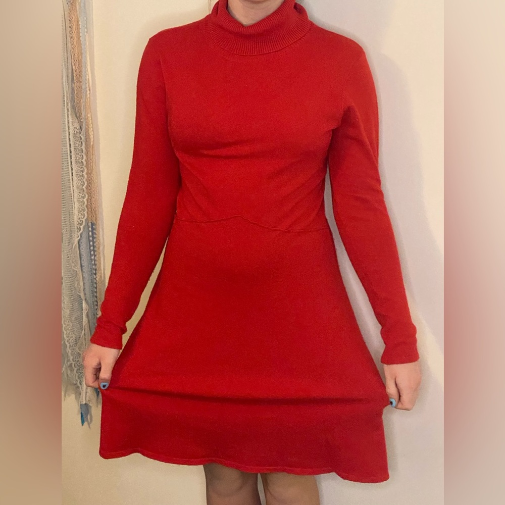Red turtle neck sweater dress.